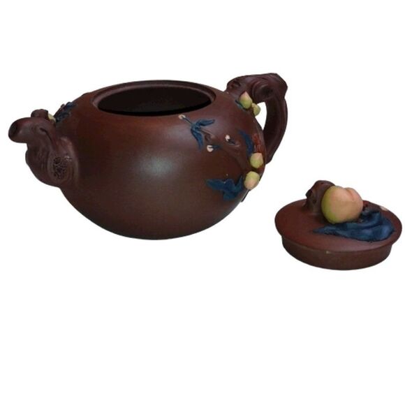 Yixing Chinese Stoneware  Purple Clay Longevity Peach Teapot Dark Brown‎ - Picture 2 of 10